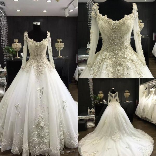 scoop long sleeveless luxurious tulle sweep train a line wedding dresses with crystals applique pearls wedding gowns, White
scoop long sleeveless luxurious tulle sweep train a line wedding dresses with crystals applique pearls wedding gowns, White