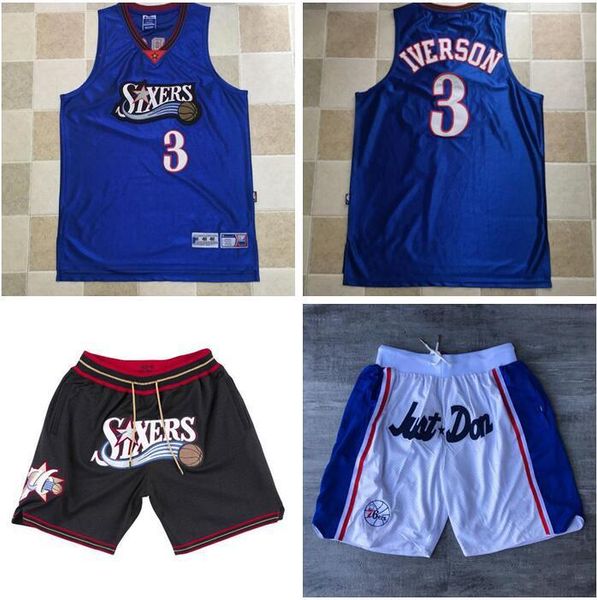men's philadelphia 76ers 3 allen iverson mitchell & ness blue hardwood classics authentic jersey and pant jersey, Black;red
