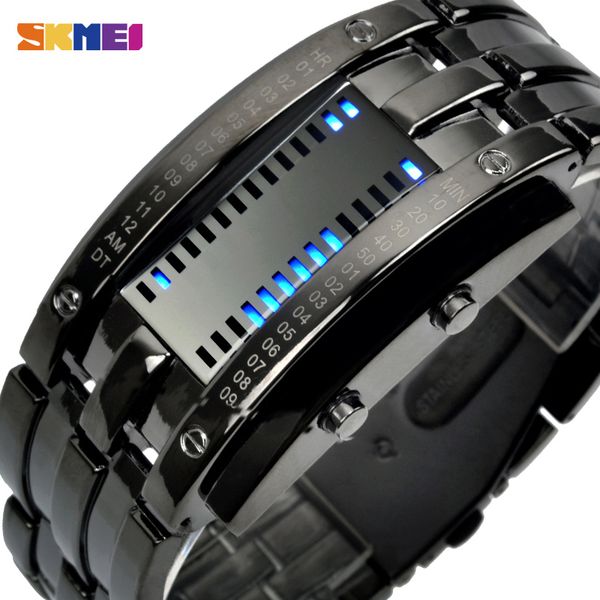 

skmei sport watch creative led display fashion men women watch stainless steel strap watches 5bar waterproof 50mm digital watch reloj hombre, Slivery;brown