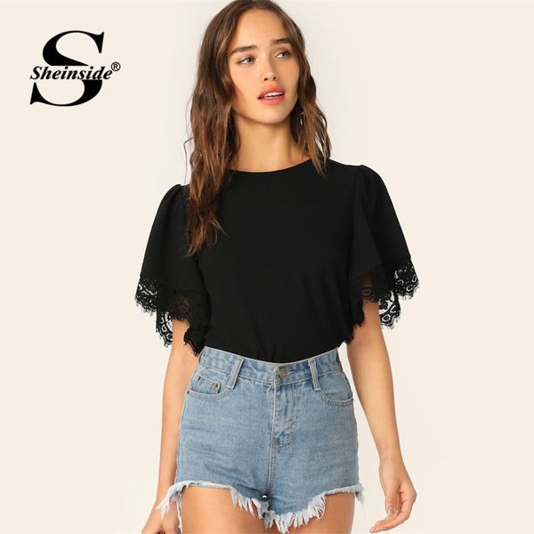 sheinside casual eyelash lace trim black blouse women 2019 summer flounce sleeve blouses ladies minimalist short sleeve top, White
sheinside casual eyelash lace trim black blouse women 2019 summer flounce sleeve blouses ladies minimalist short sleeve top, White