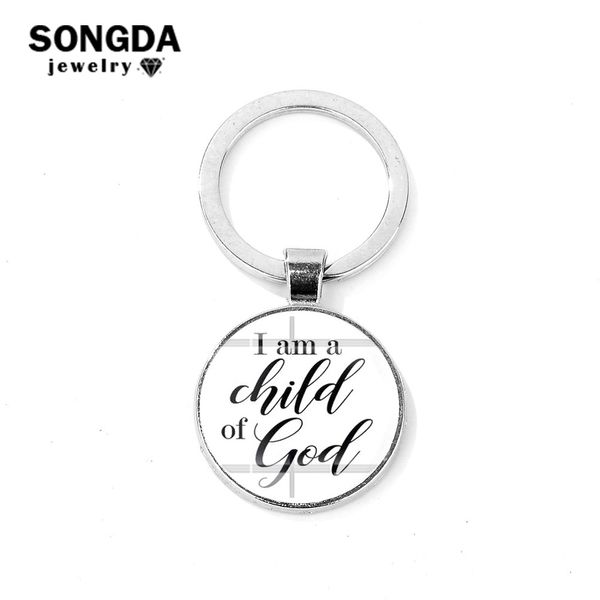 

songda i am a child of god quote keychain inspirational language art letter glass p cabochon pendant key ring children gifts, Silver