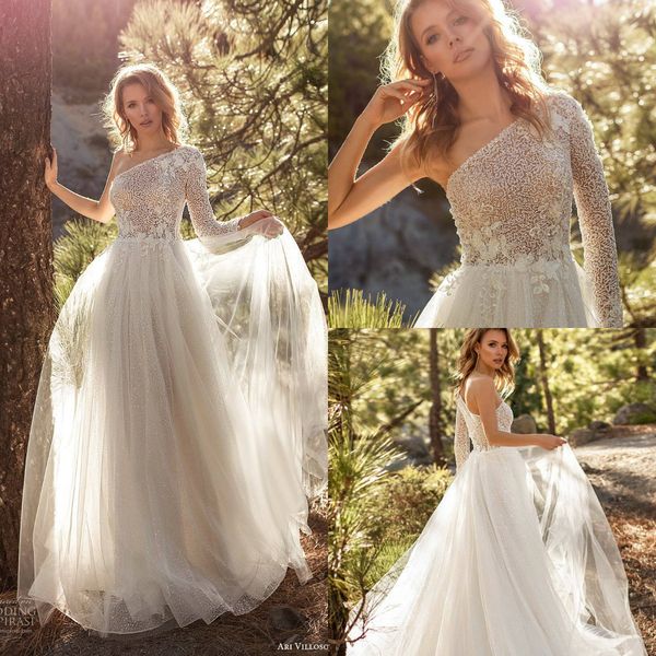 2020 a line wedding dresses glitter bling lace applique one shoulder beach wedding dress custom made sweep train boho robes de mariée, White
2020 a line wedding dresses glitter bling lace applique one shoulder beach wedding dress custom made sweep train boho robes de mariée, White