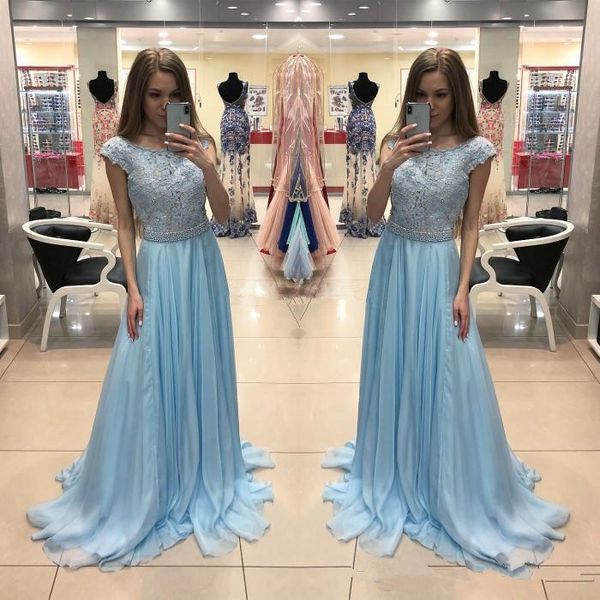 light sky blue lace chiffon prom dresses 2019 scoop cap sleeves beaded sash girls graduation evening party gowns z85, Black
light sky blue lace chiffon prom dresses 2019 scoop cap sleeves beaded sash girls graduation evening party gowns z85, Black