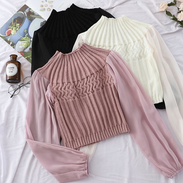 2019 autumn women turtleneck knitted pullovers chiffon patchwork sweater ladies bottoming lantern sleeve knitwear short, White;black
2019 autumn women turtleneck knitted pullovers chiffon patchwork sweater ladies bottoming lantern sleeve knitwear short, White;black