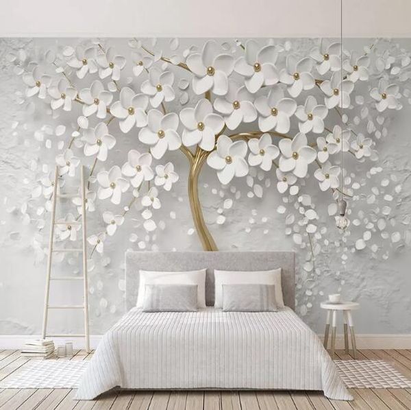 

custom any size murals wallpaper 3d stereo white flowers wall painting living room tv sofa bedroom backdrop wall papel de parede