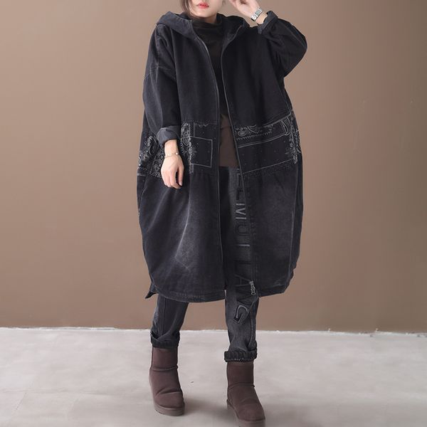 johnature parka women clothes 2019 new winter denim coat zipper leisure full sleeve solid color casual loose print long coat, Black 
johnature parka women clothes 2019 new winter denim coat zipper leisure full sleeve solid color casual loose print long coat, Black