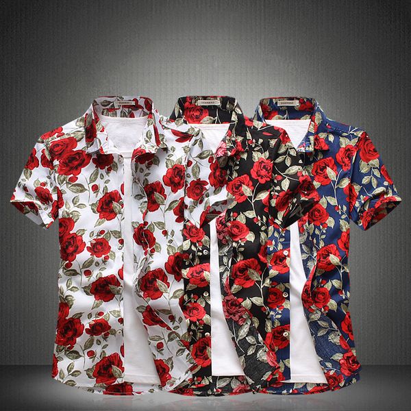 

10 styles hight quality 2019 -5xl plus size summer mens short sleeve shirt flower print floral male blouse, White;black