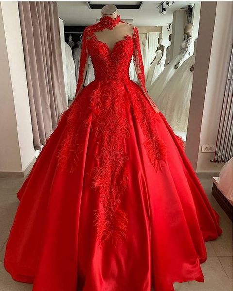 new luxury red ball gown evening dresses wear high neck lace crystal beaded feather long sleeves satin party dress quinceanera prom gowns, Black;red
new luxury red ball gown evening dresses wear high neck lace crystal beaded feather long sleeves satin party dress quinceanera prom gowns, Black;red