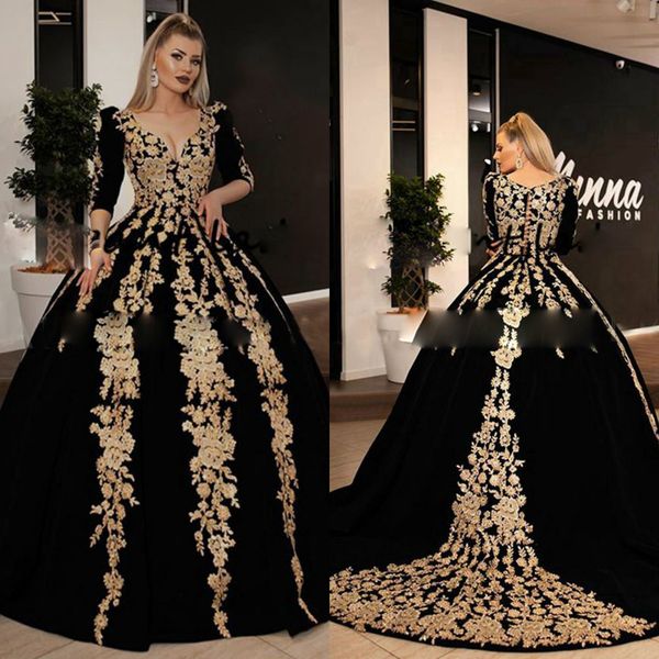 ball gown prom dresse 1/2 long sleeve v neck applique party dress sweep train robes de soirée, Black
ball gown prom dresse 1/2 long sleeve v neck applique party dress sweep train robes de soirée, Black
