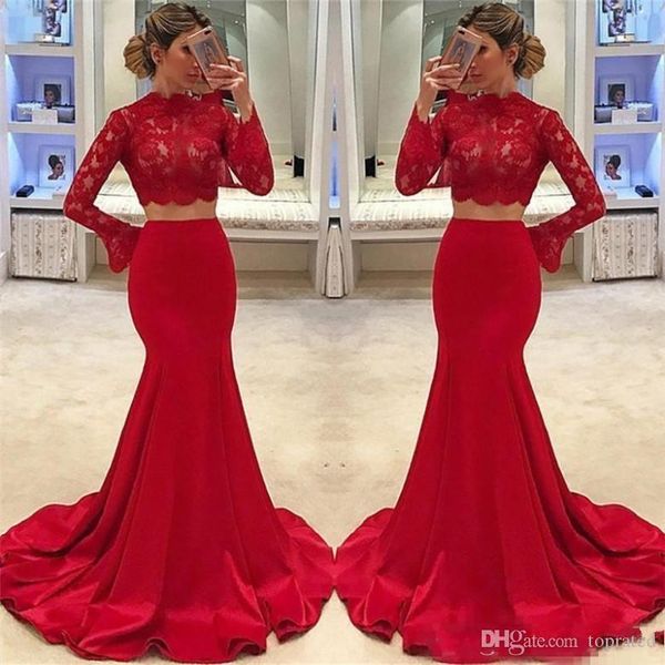 red two piece prom dresses new long sleeve high neck mermaid lace sweep train formal evening gowns african arabic vestidos, Black
red two piece prom dresses new long sleeve high neck mermaid lace sweep train formal evening gowns african arabic vestidos, Black