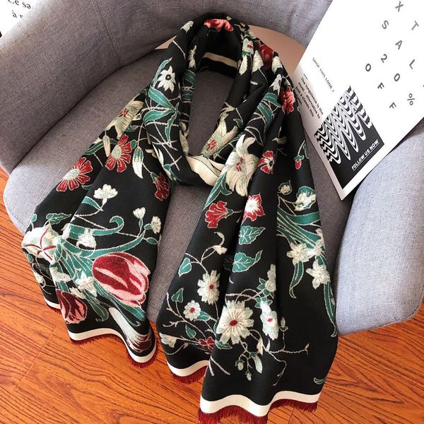new autumn/winter 2019 flower imitation cashmere thermal scarf tasseled air conditioning shawl bib scarf, Blue;gray