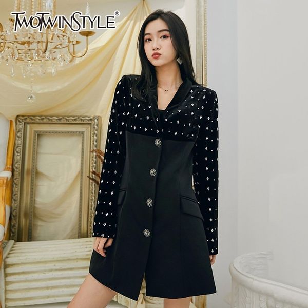 twotwinstyle diamonds patchwork dress female v neck long sleeve mini dresses for women ladies fashion clothes 2019 spring, Black;gray