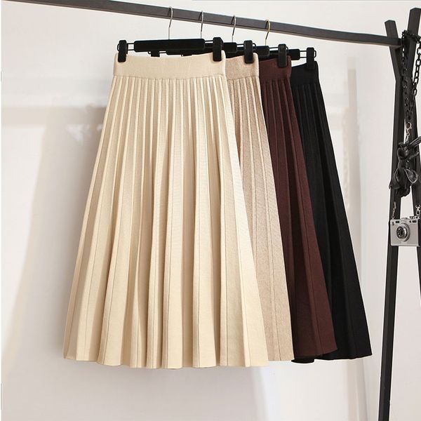 winter autumn 2019 skirts womens solid color knitting wool pleated long skirt high waist elastic large hem saia midi skirts, Black 
winter autumn 2019 skirts womens solid color knitting wool pleated long skirt high waist elastic large hem saia midi skirts, Black