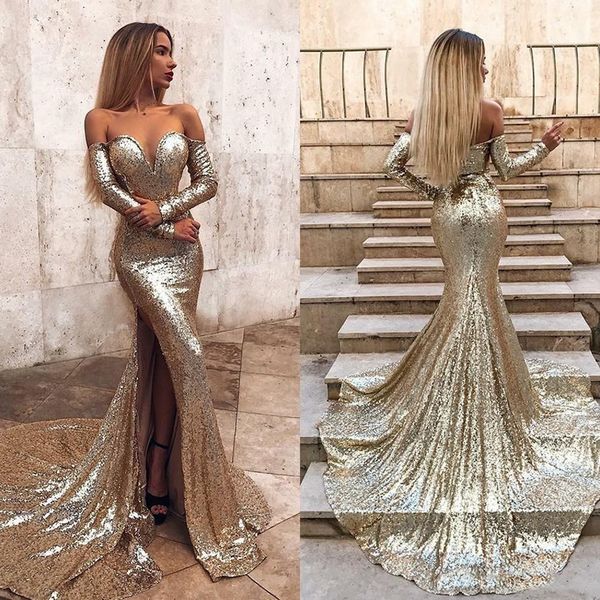 New Arrival Sparkly Mermaid Prom Dresses Off Shoulder Long Sleeves Sequined Sweep Train High Side Split Formal Dresses Evening Party Gowns
New Arrival Sparkly Mermaid Prom Dresses Off Shoulder Long Sleeves Sequined Sweep Train High Side Split Formal Dresses Evening Party Gowns