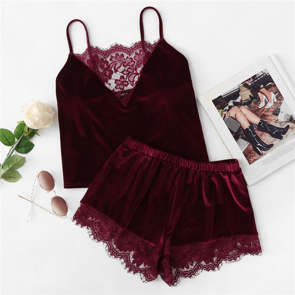 

2018 lace trim velvet cami & shorts pajamas set women burgundy plain spaghetti strap sleeveless summer sleepwear, Blue;gray