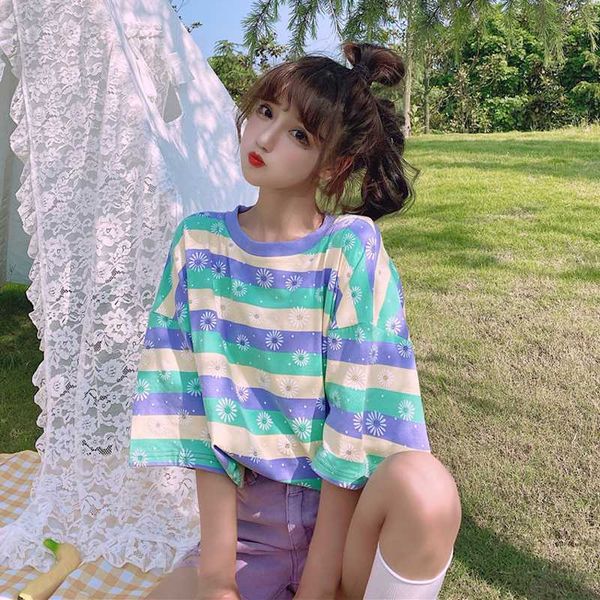 women summer fashion japan style sweet floral print stripe oversized short sleeve t-shirt student office lady casual loose tee, White
women summer fashion japan style sweet floral print stripe oversized short sleeve t-shirt student office lady casual loose tee, White