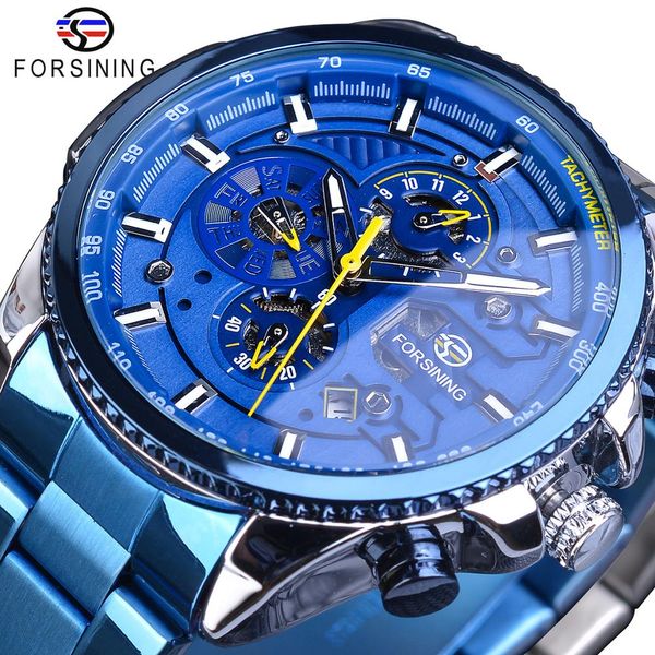

forsining mens automatic watch blue steel band calendar 3 sub dial wristwatch mechanical waterproof male clock relogio masculino, Slivery;brown