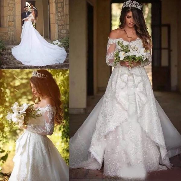 design beautiful long-sleeve lace overskirts wedding dresses princess off-the-shoulder sweep train cascading ruffles wedding gowns, White
design beautiful long-sleeve lace overskirts wedding dresses princess off-the-shoulder sweep train cascading ruffles wedding gowns, White