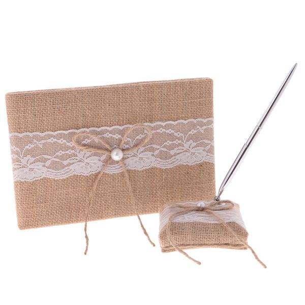 rustic burlap bowknot lace guest book pen holder set vintage linen guestbook wedding party reception favors
rustic burlap bowknot lace guest book pen holder set vintage linen guestbook wedding party reception favors