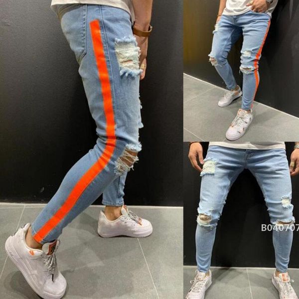 fashion mens red striped jeans spring autumn casual ripped blue design biker jean pants for men 
fashion mens red striped jeans spring autumn casual ripped blue design biker jean pants for men