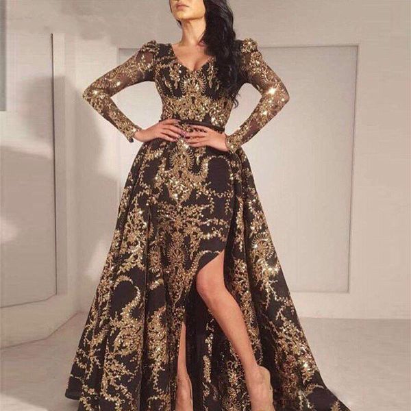 sparkly mermaid lace evening dresses with detachable train v neck appliqued side split prom gowns long sleeves plus size arabic formal dress, Black;red
sparkly mermaid lace evening dresses with detachable train v neck appliqued side split prom gowns long sleeves plus size arabic formal dress, Black;red
