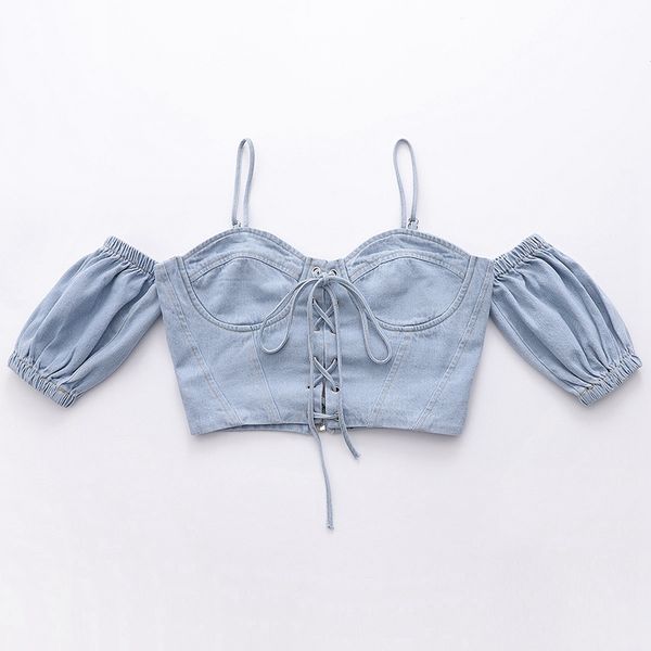 women summer puff sleeve lace up bandage tank denim camisole shirt backless jeans crop camis, White
women summer puff sleeve lace up bandage tank denim camisole shirt backless jeans crop camis, White