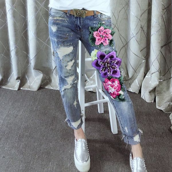 new europe fashion bronzing sequins nail bead printed bf women hole ripped jeans slim ladies denim pencil pants vintage trousers, Blue 
new europe fashion bronzing sequins nail bead printed bf women hole ripped jeans slim ladies denim pencil pants vintage trousers, Blue