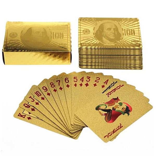 

Hot Waterproof Gold Foil Plated Card Game Playing Cards Plastic Poker Gold 24K Traditional dollars Poker Playing Cards