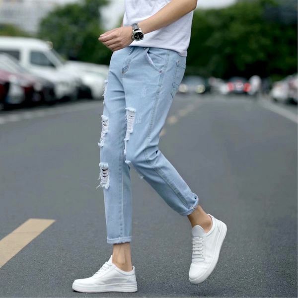 wholesale 2020 ripped elastic jeans youth spring summer models slim feet korean trend men's wild beggar ankle length pants, Blue
wholesale 2020 ripped elastic jeans youth spring summer models slim feet korean trend men's wild beggar ankle length pants, Blue