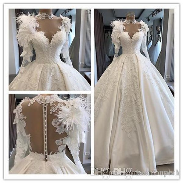 real p ball gown long sleeve vintage muslim wedding dresses 2019 high neck feather satin wedding gowns queen for women, White
real p ball gown long sleeve vintage muslim wedding dresses 2019 high neck feather satin wedding gowns queen for women, White