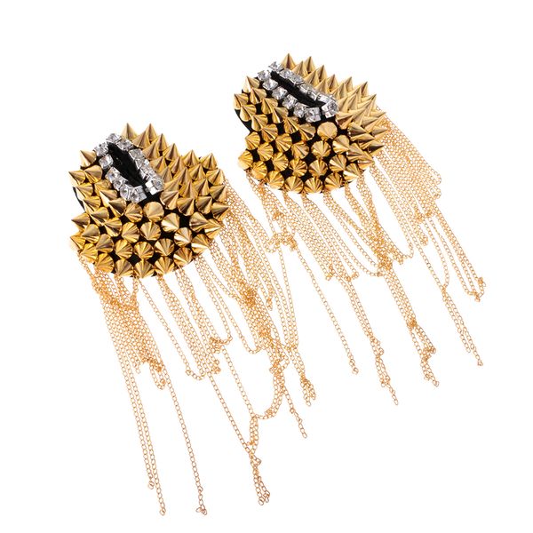 1 pair women men crystal punk tassel epaulette rivet shoulder board mark costume brooch badges, Gray