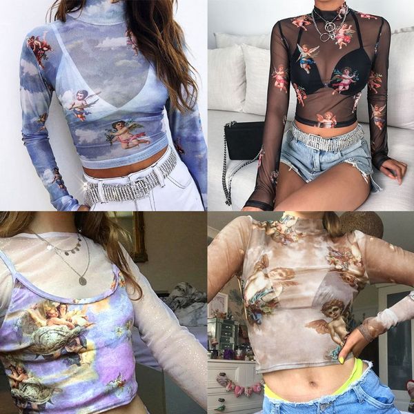 womens summer long sleeves mock neck crop romantic colored angel cupid see through mesh party club printed t-shirt, White
womens summer long sleeves mock neck crop romantic colored angel cupid see through mesh party club printed t-shirt, White