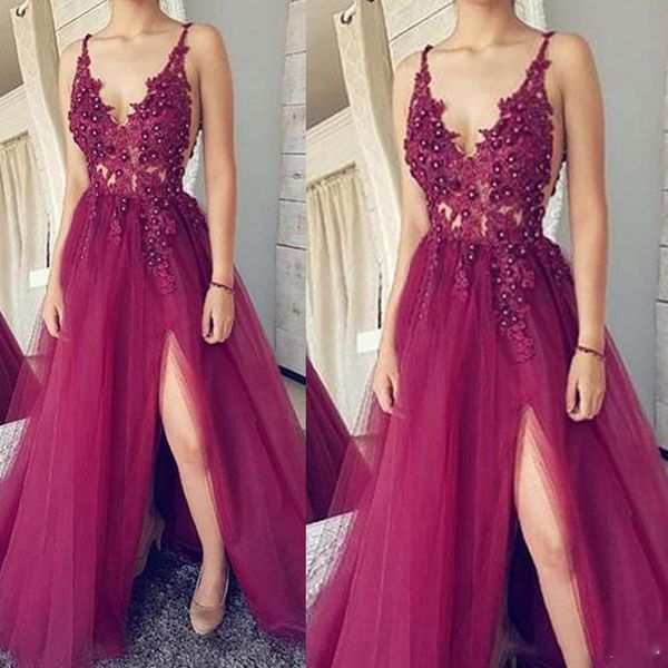 2019 evening dresses deep v neck flowers pearls lace appliques sheer bodice side slit long prom gowns, Black
2019 evening dresses deep v neck flowers pearls lace appliques sheer bodice side slit long prom gowns, Black