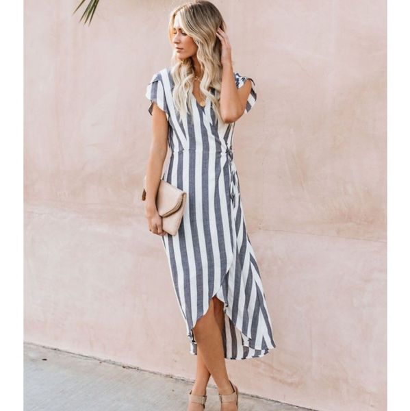 european and american 2019 summer new womens dress striped strap long skirt v-neck short-sleeved dress, Black;gray
european and american 2019 summer new womens dress striped strap long skirt v-neck short-sleeved dress, Black;gray