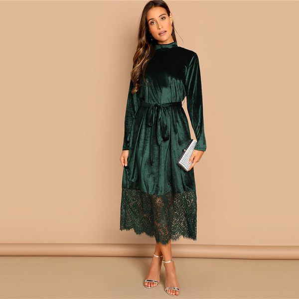 green waist belted mock-neck velvet dress long sleeve lace hem solid dress casual elegant women autumn modern lady dresses, Black;gray
green waist belted mock-neck velvet dress long sleeve lace hem solid dress casual elegant women autumn modern lady dresses, Black;gray