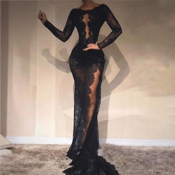2020 new black lace mermaid prom dresses illusion long sleeve high split evening dress zipper back vestido de festa longo bc3584
2020 new black lace mermaid prom dresses illusion long sleeve high split evening dress zipper back vestido de festa longo bc3584