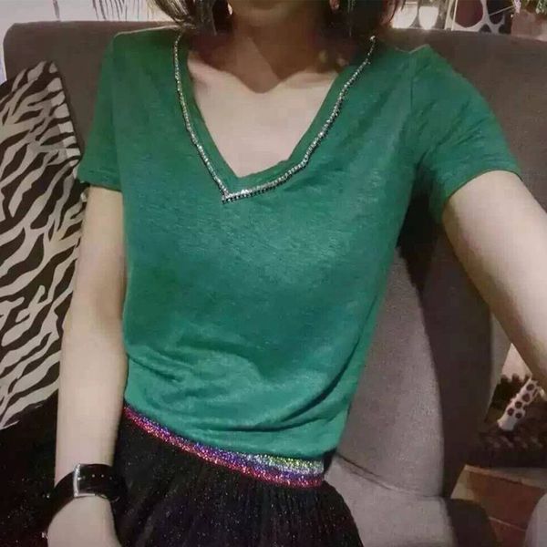 brand fashion women high-end luxury summer slim diamond cotton v-neck short-sleeved t-shirt tees top, White
brand fashion women high-end luxury summer slim diamond cotton v-neck short-sleeved t-shirt tees top, White