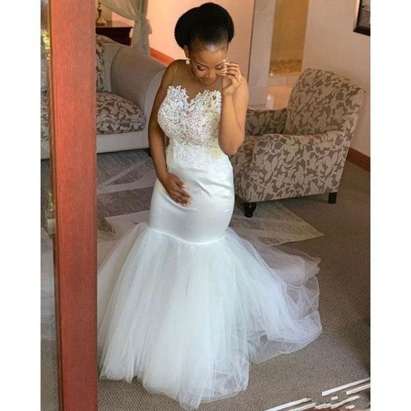 2020 generous south african mermaid wedding dresses sleeveless sweep strain lace appliques sheer scoop neck tull wedding gowns bridal dress, White
2020 generous south african mermaid wedding dresses sleeveless sweep strain lace appliques sheer scoop neck tull wedding gowns bridal dress, White