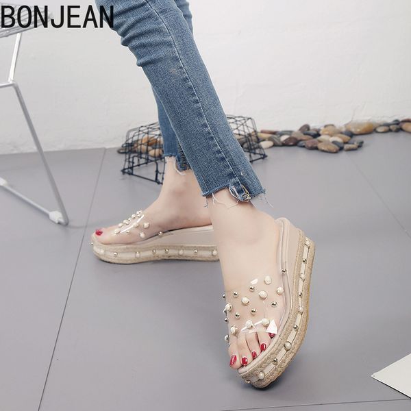 pearl crystal outdoor women's summer new fashion outside transparent platform wedge sandals, Black
pearl crystal outdoor women's summer new fashion outside transparent platform wedge sandals, Black