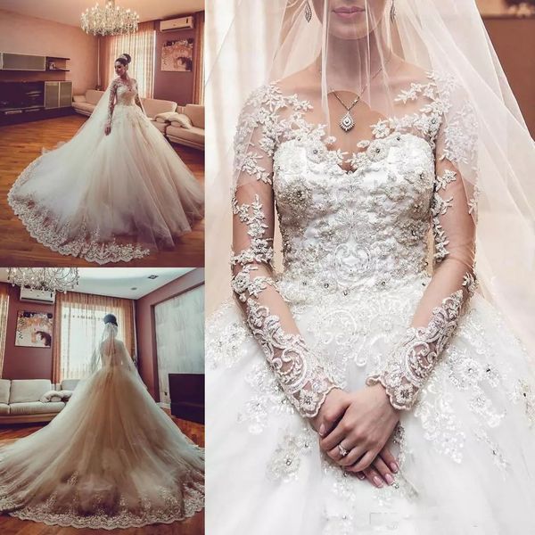 2019 exquisite saudi arabia dubai sheer neck long sleeve long wedding dresses applique lace crystal beaded ruffle a-line bridal gowns, White
2019 exquisite saudi arabia dubai sheer neck long sleeve long wedding dresses applique lace crystal beaded ruffle a-line bridal gowns, White