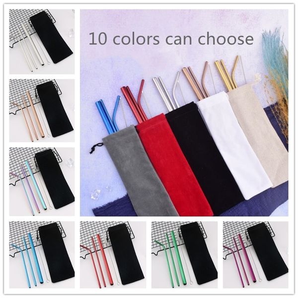 

304 stainless steel straw set with cleaner brush cloth bag reusable drinking straws smoothies straw party bar drinking tool