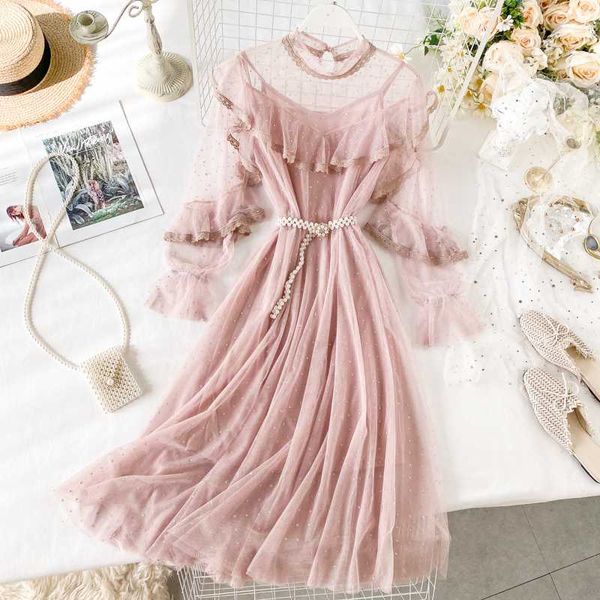 casual dresses 2021 women o-neck puff sleeve pleated pearl bead sashes belt polka dot mesh gauze dress elastic slim tulle lace ruffles, Black;gray
casual dresses 2021 women o-neck puff sleeve pleated pearl bead sashes belt polka dot mesh gauze dress elastic slim tulle lace ruffles, Black;gray