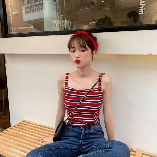women summer sweet concise casual all-match slim fit colorful sriped camisole, White
women summer sweet concise casual all-match slim fit colorful sriped camisole, White