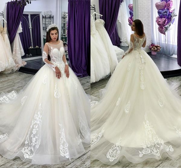 2019 princess wedding dresses sheer jewel neck lace appliqued long sleeves beach bridal gowns wedding dress sweep train vestido de novia, White
2019 princess wedding dresses sheer jewel neck lace appliqued long sleeves beach bridal gowns wedding dress sweep train vestido de novia, White