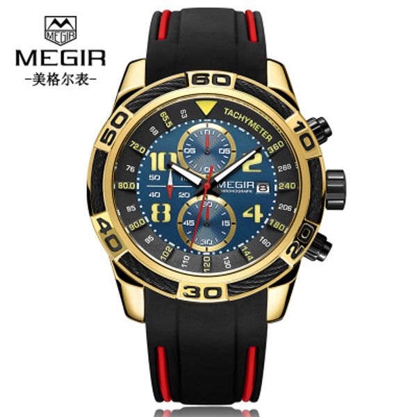 

megir men's chronograph analog quartz watch with date, luminous hands, waterproof silicone rubber strap wristswatch for man, Slivery;brown