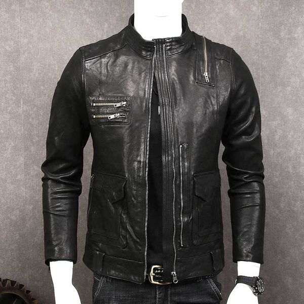 men's leather & faux vegetable tanned goatskin genuine short slim fit stand collar casual simple jacket male, Black
men's leather & faux vegetable tanned goatskin genuine short slim fit stand collar casual simple jacket male, Black
