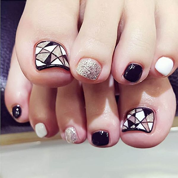 women summer fashion foot false nail tips lovely girls glitter geometry printing fake toes nails 24 pcs with glue toe art tool, Red;gold
women summer fashion foot false nail tips lovely girls glitter geometry printing fake toes nails 24 pcs with glue toe art tool, Red;gold