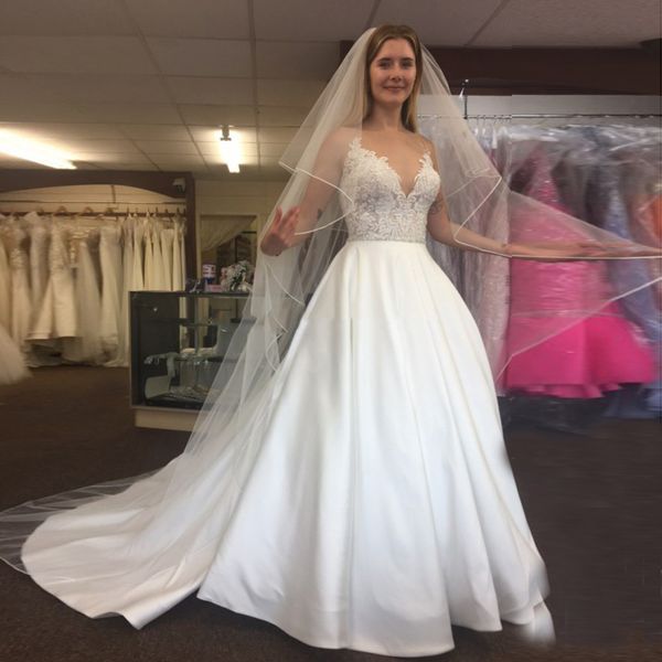 2020 elegant a line wedding dresses illusion v neck appliques sweep train bridal gowns with beaded sash custom made, White
2020 elegant a line wedding dresses illusion v neck appliques sweep train bridal gowns with beaded sash custom made, White