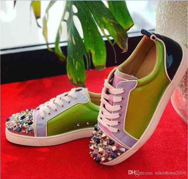 luxury paris design red bottom rubber sole green patent leather with pik rivets low boots sneakers men flats shoes couple spikes orlato, Black
luxury paris design red bottom rubber sole green patent leather with pik rivets low boots sneakers men flats shoes couple spikes orlato, Black