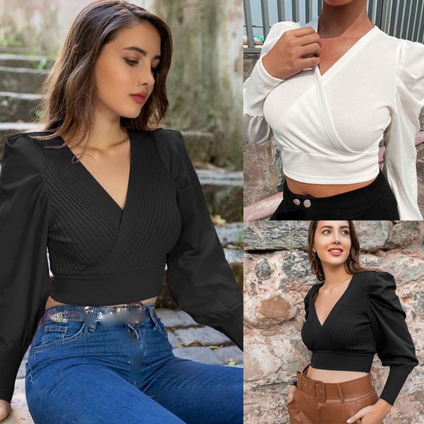 women knitted crop classic autumn solid ladies tight cuffs puff sleeve shirts pullovers elegant slim v-neck shirts, White
women knitted crop classic autumn solid ladies tight cuffs puff sleeve shirts pullovers elegant slim v-neck shirts, White